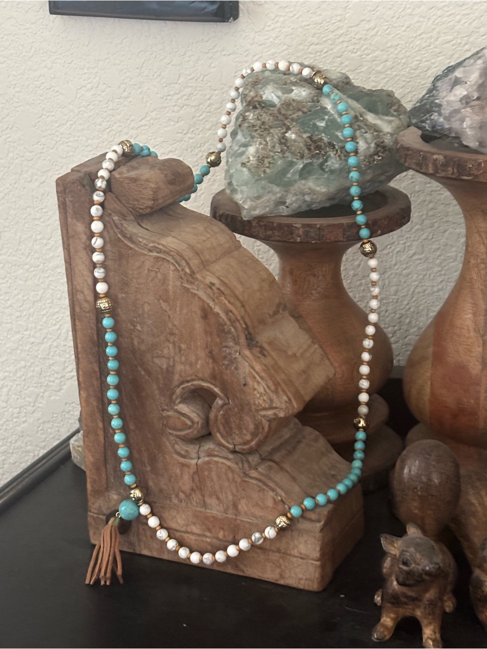 Marlyn Schiff Turquoise, White & Gold Beaded Tassel Necklace
